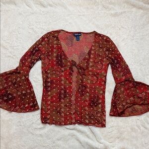 Y2K Limited Too Sheer Red Paisley Flare Sleeve Blouse